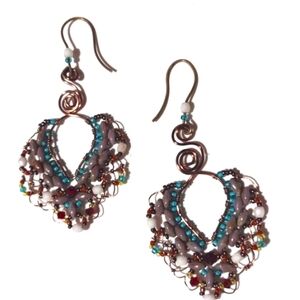PENNY DIXON DESIGNS COPPER WIRE BEADED HEART-SHAPED HOOK DROP 2.5" EARRINGS